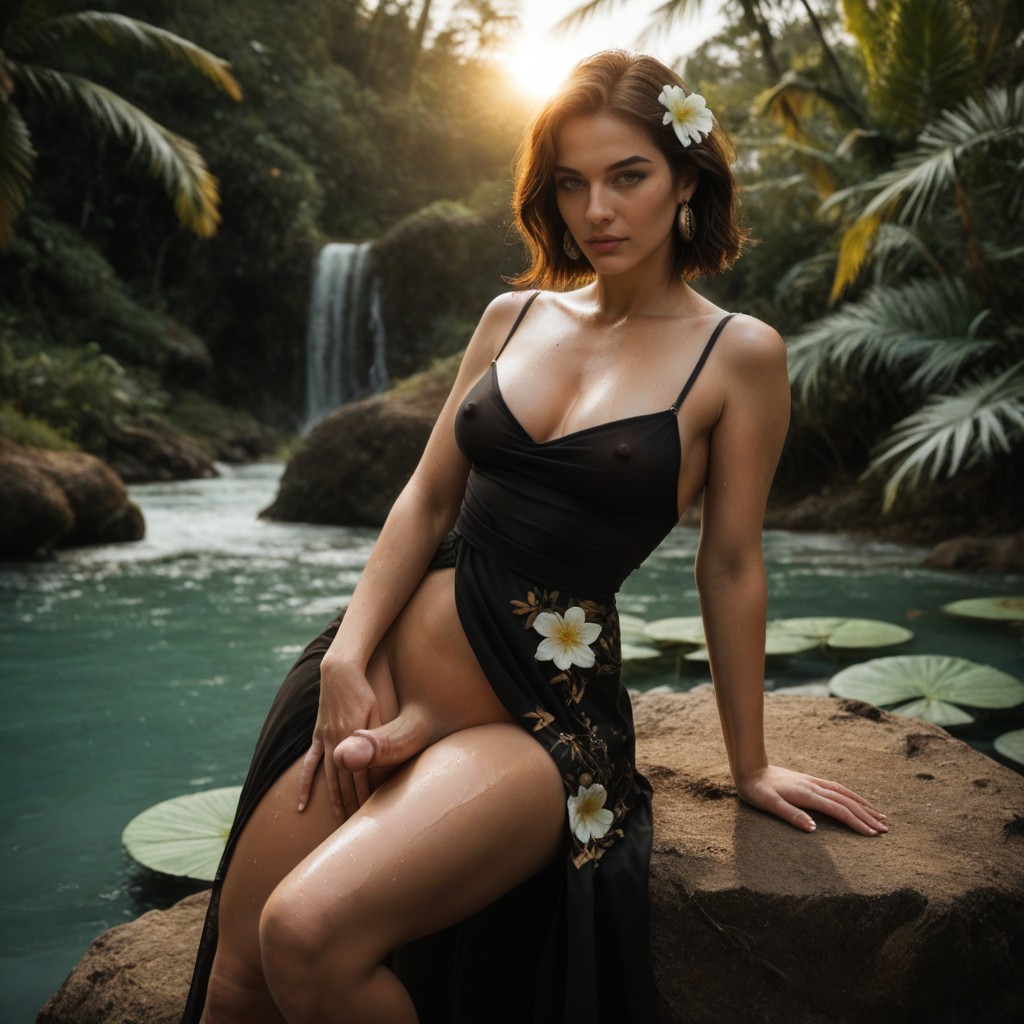 Lying Back Under Tropical Plants, Tiny, Pretty Face Shemale AI Porn