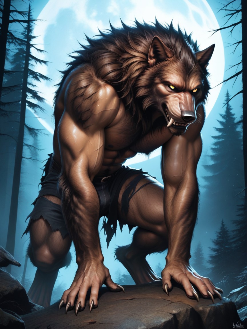 Werewolf Sweaty, Werewolf Has Hairy Muscular Digitigrade Legs, Werewolf Has Thick Black Colored Fur AI Gay Porn