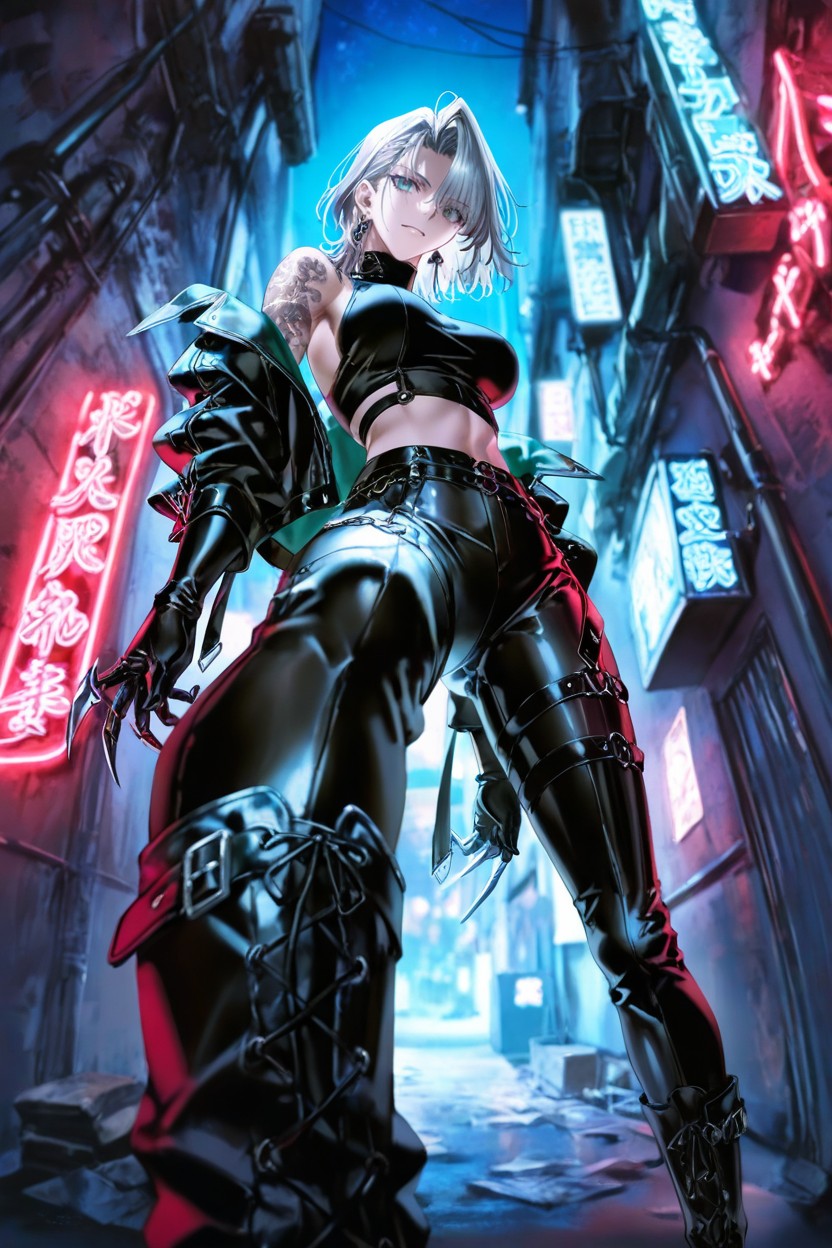 Break, Thigh Opening Black Chaps Outside The Pants, Neon Lights Hentai AI Porn