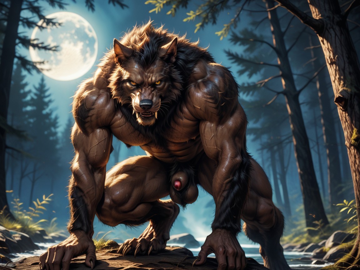 The Werewolfs Flaccid Sheath And Balls Are Visible, The Werewolf Has A Body That Looks Like A Big Monster, 18+ AI Gay Porn