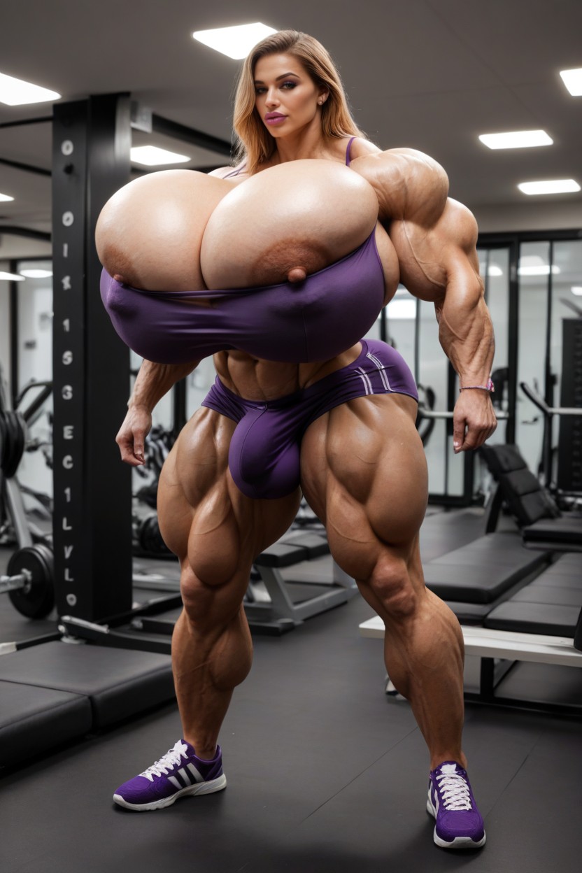 Purple Gym Outfit, Gigantic Abdominal Obliques, Massive Shemale AI Porn