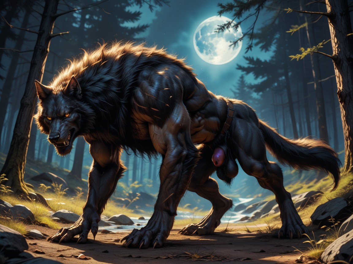 The Werewolf Has Body Wolfish Features, The Werewolfs Naked Body Form On Full Display, Werewolf Sweaty AI Gay Porn