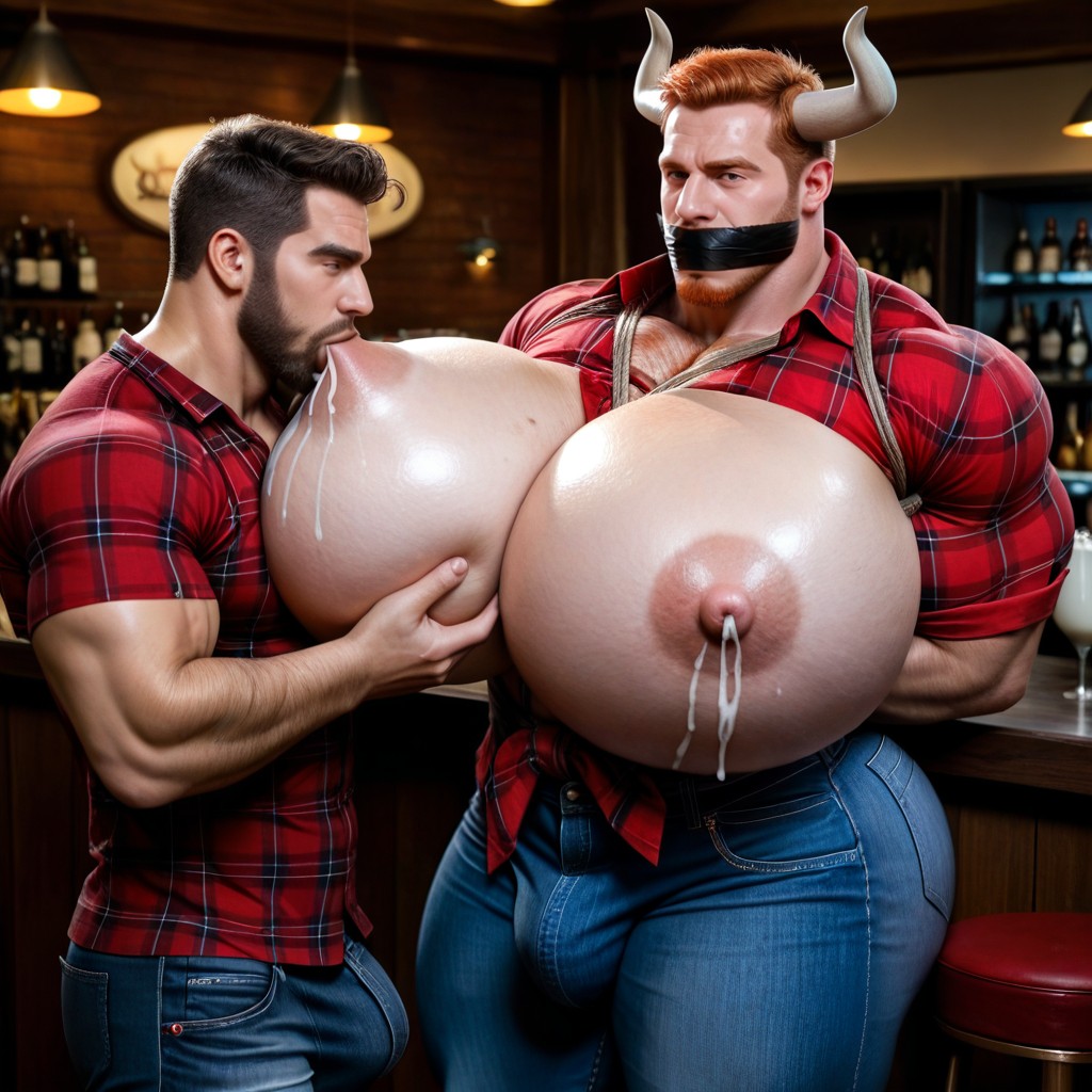 Aggressively Sucking Boob, Oiled Skin, Red Plaid Shirt AI Gay Porn