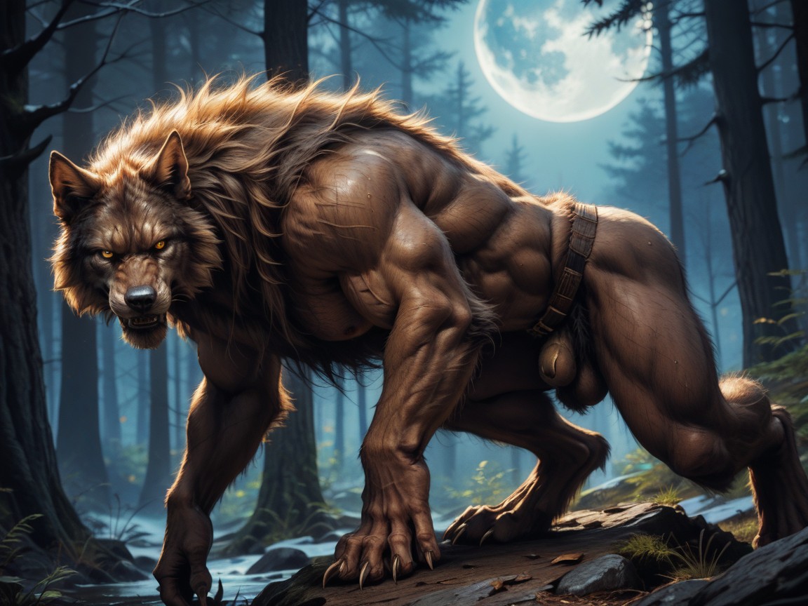 Werewolf Has Hairy Muscular Digitigrade Legs, Werewolf Has Thick Finely Detailed Light Brown Colored Fur, 18+ AI Gay Porn