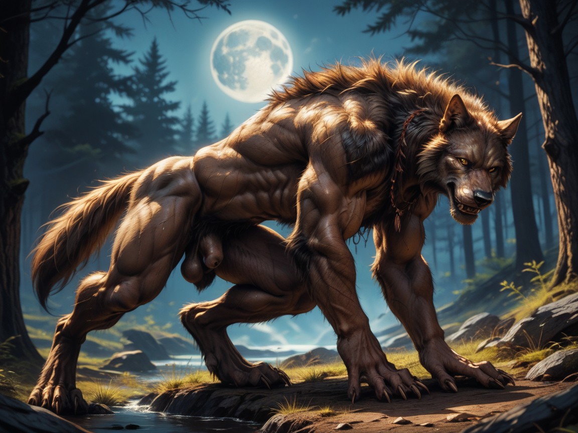 Werewolf Has Hairy Muscular Digitigrade Legs, The Werewolf Has A Body That Looks Like A Big Monster, Looking At Viewer AI Gay Porn