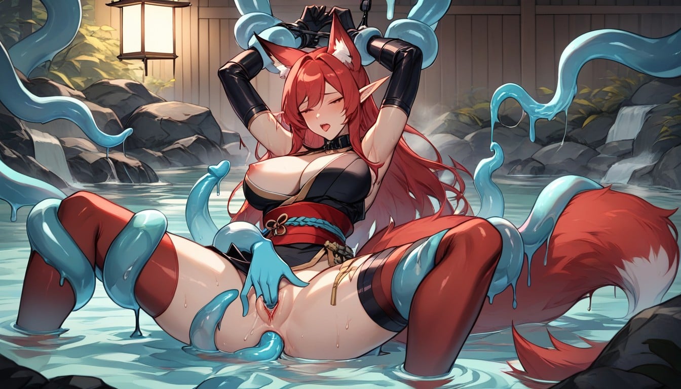 Fingering Pussy With A Goo And Gelatinous's Hand, Red Fox Tail, Gelatinous Gloves AI Porn