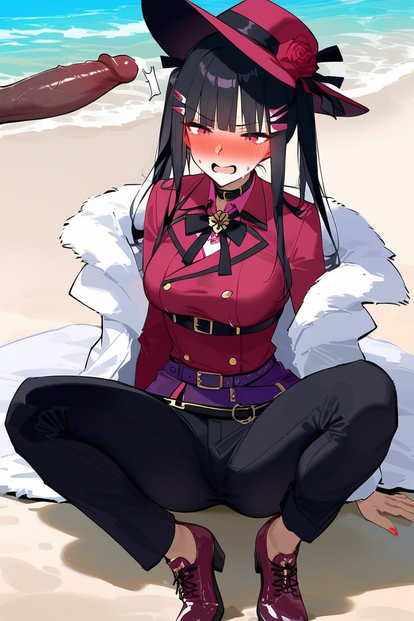 Purple Belt, Exposed Penis; Very Ashamed; Very Embarassed; Intense Blush; Sweat, Red Hat AI Porn