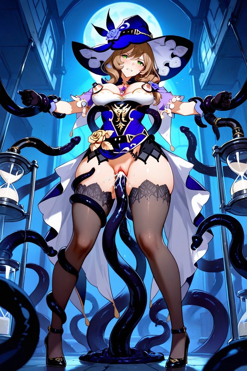 Asymmetrical Dress With Rose And Moon Patterns, フェミニン, Hands And Feet Bound By Tentacles ヘンタイAIポルノ