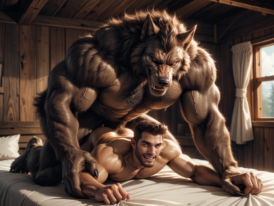 Werewolf Large Back And Large Chest Muscles, Werewolf Brown Fur And Hair, Bed AI Gay Porn