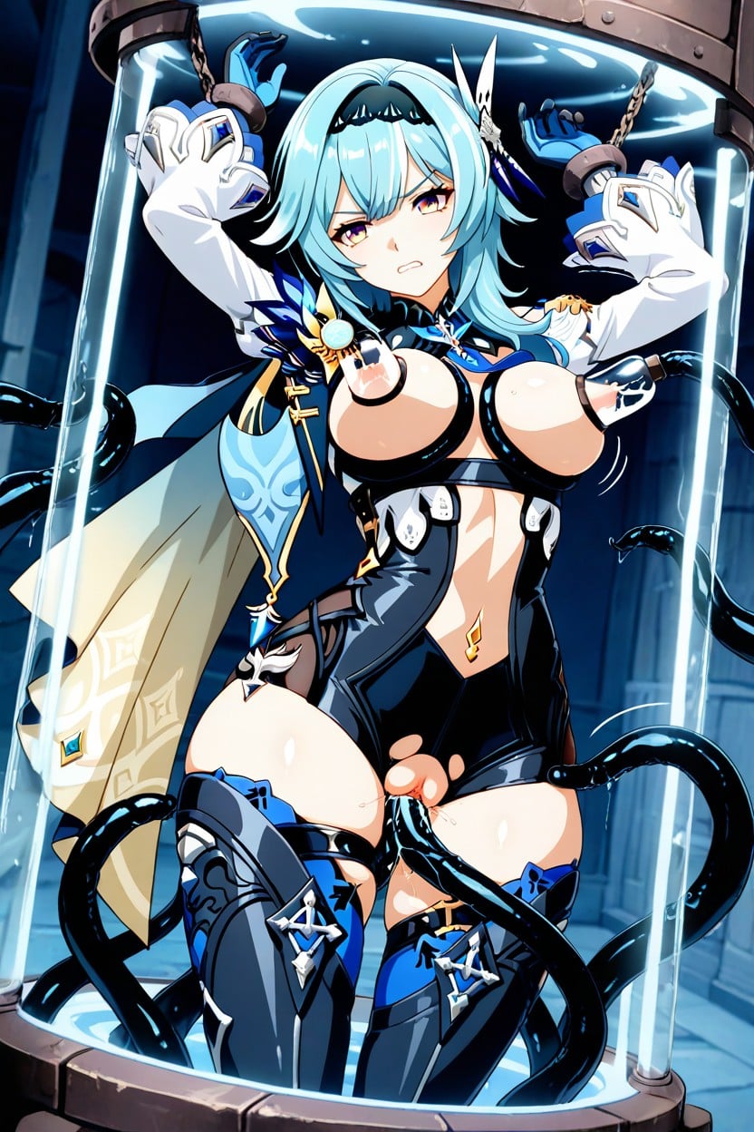 White Sleeves With Blue Cuffs, Medium Turquoise Hair With A Decorative Hairpiece, Blue Gloves Hentai AI Porn