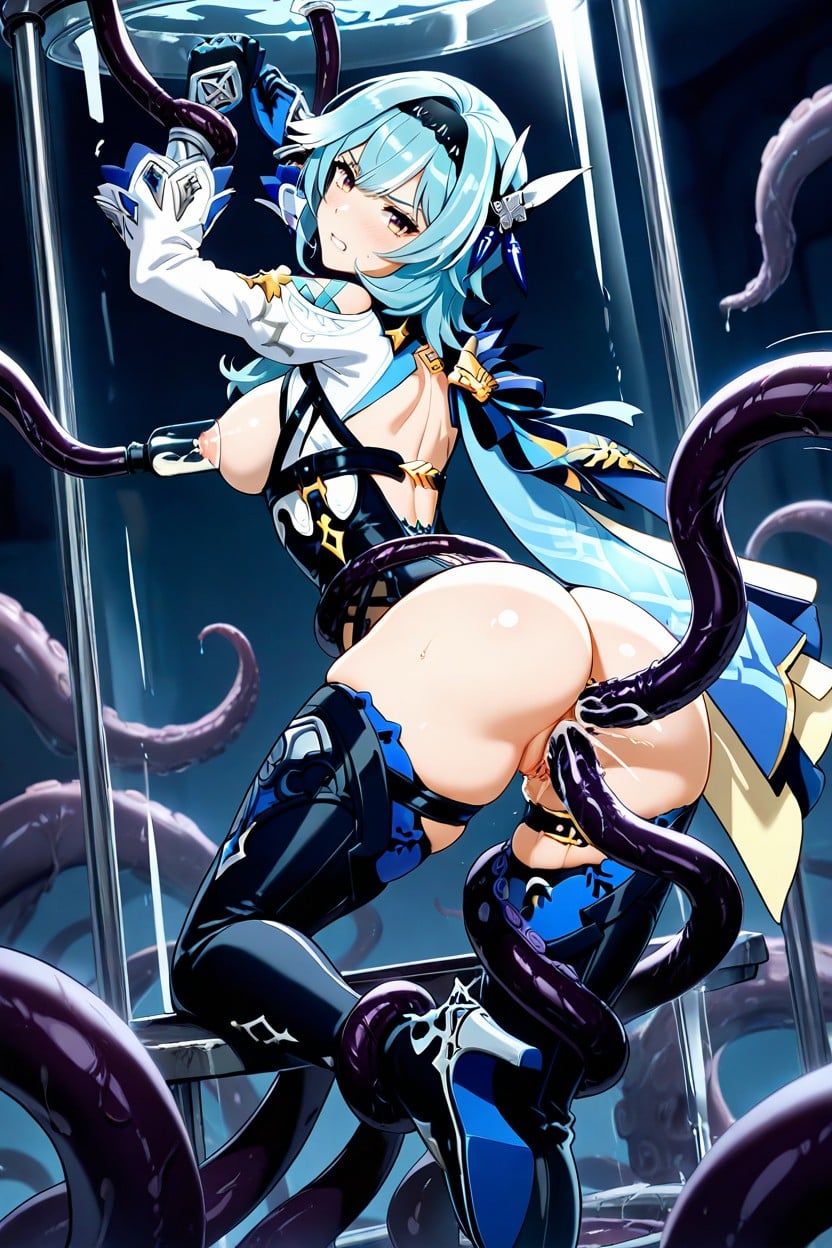 Metallic Decorations On Shoulders And Chest, Light Blue Scarf And Cape, Sex With Tentacles Hentai AI Porn