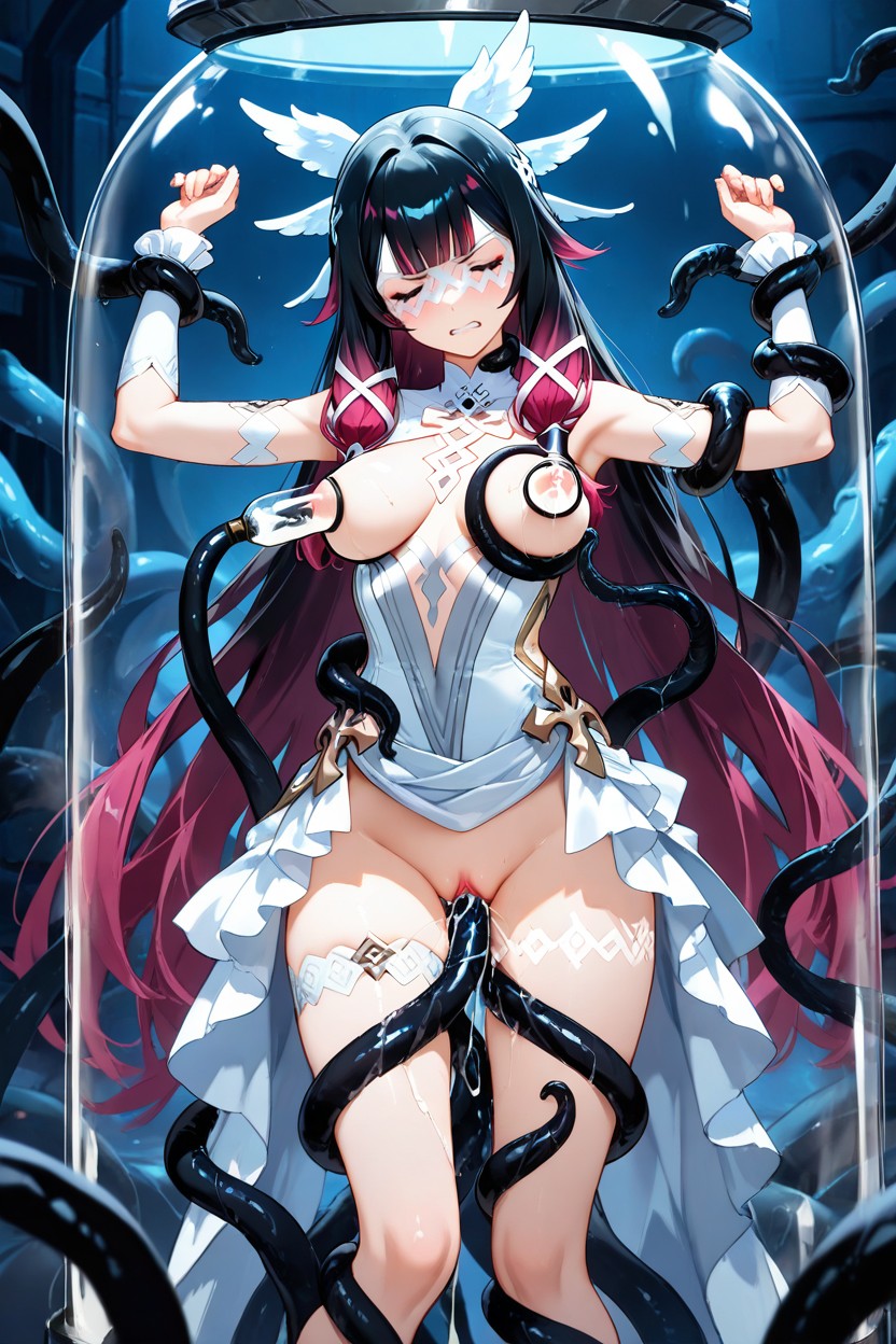Milking, Dark Hair Reaching Shoulders With Pink-purple Gradients, Black Tentacles Grabbing Neck Hentai AI Porn
