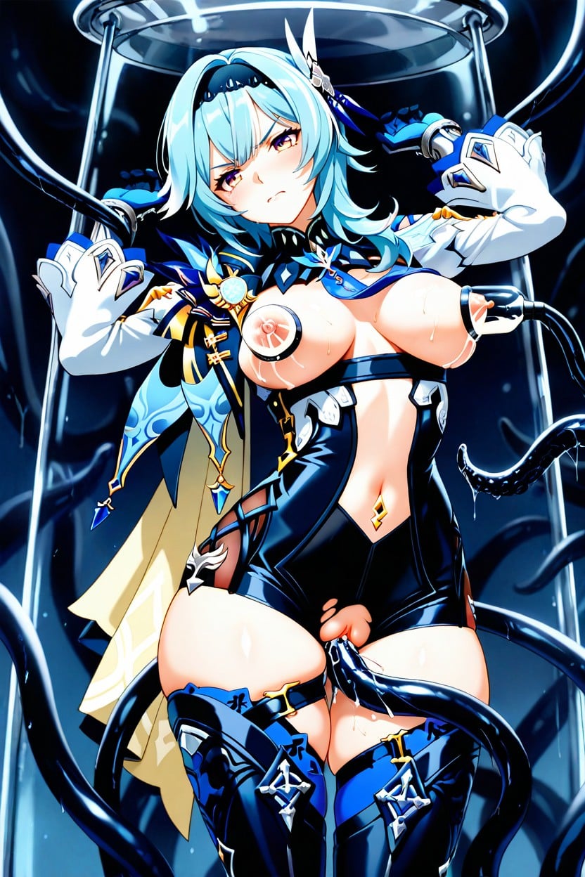 Wearing An Elegant Fantasy Military Outfit, Medium Turquoise Hair With A Decorative Hairpiece, Double Penetration Hentai AI Porn