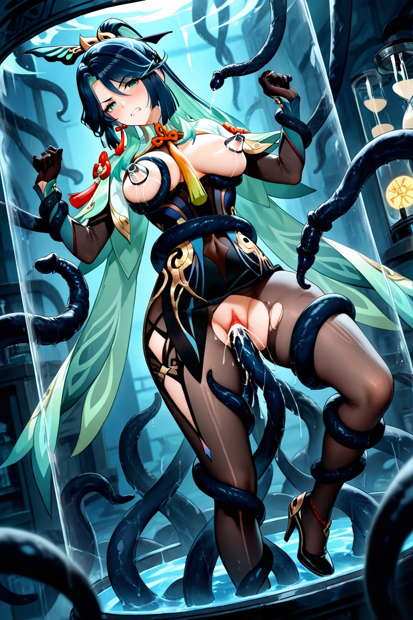 Head Tilt, Black Tentacles Grabbing Waist, High Heels With Golden Accents ヘンタイAIポルノ