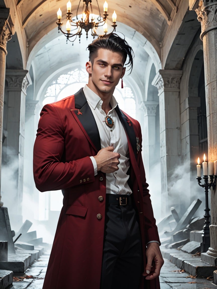Broad Shoulders, Crimson Velvet Curtains Heavy With Dust, Lean Waist AI Gay Porn