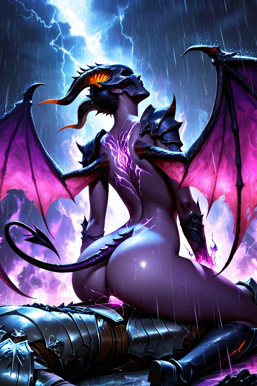 Big Demon Purple Wings, Purple Energy Around Her Body, Raining AI Porn