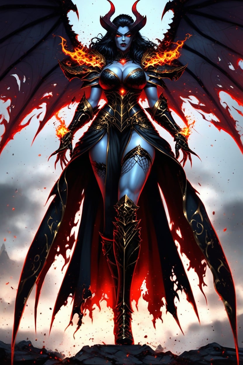 Full Body, Bikini Armor, Elegant Demon Horns And Dark Wings Hentai AI Porn