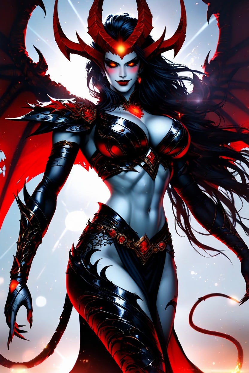 Cinematic Lighting, Red Glowing Eyes, Elegant Black Horns And Dark Bat Like Wings With Blue Light Veins Hentai AI Porn