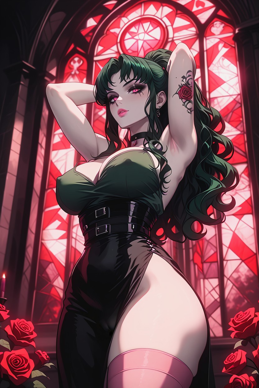 Massive Ass, Green Camisole Dress, Long Wavy Green Hair Hentai AI Porn