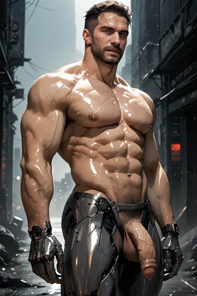 Sideburns Connects To Beard, Black Hair, Cyberpunk Alley AI Gay Porn