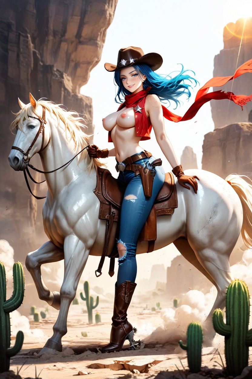 Metal Spurs On Boots, Red Scarf Tied On Neck, Vista Lateral Hentai IA
