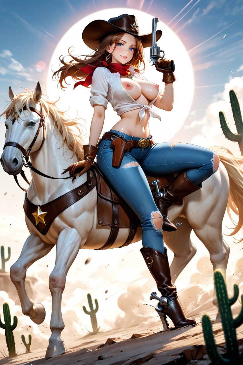 Full Body, Metal Spurs On Boots, Unbuttoned Cropped White Shirt Hentai AI Porn