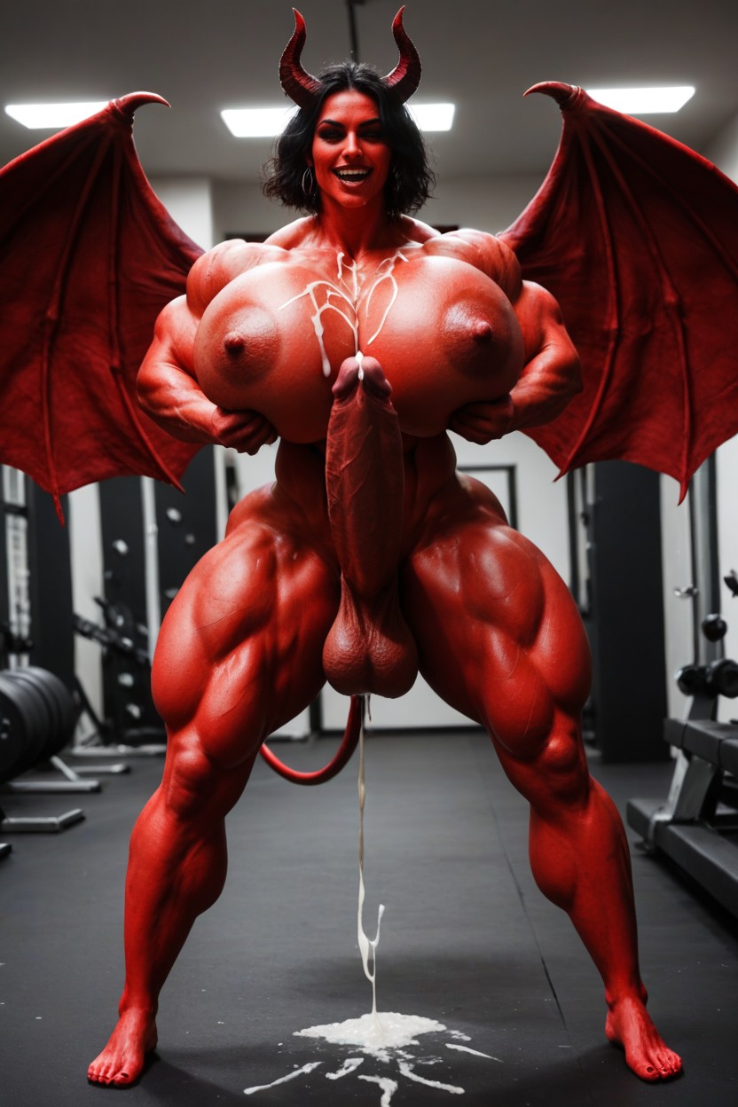 Handjob, Extremely Muscular, Red Color Cock Shemale AI Porn