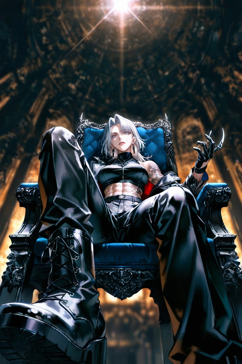 Tattoo, On Throne, Black Leather Biker Jacket Off The Shoulder Hentai IA