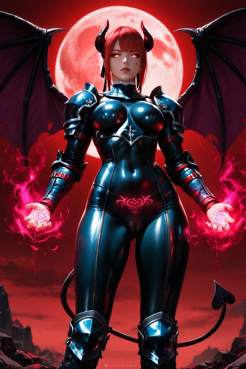 Glowing Eyes, Red Magical Energy On Her Hands, Navel Exposed AI Porn