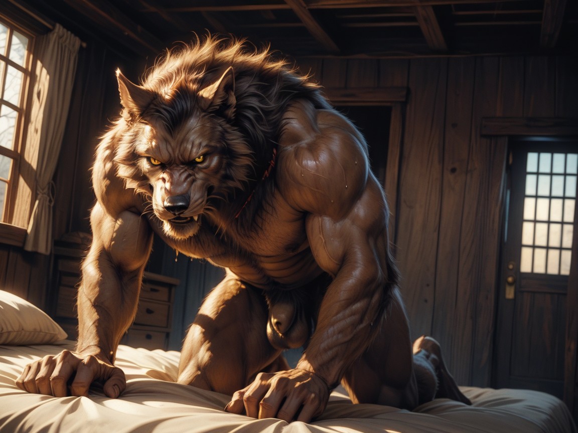 The Werewolfs Naked Body Form On Full Display, The Werewolfs Flaccid Sheath And Balls Are Visible, Vista Lateral Porno gay IA