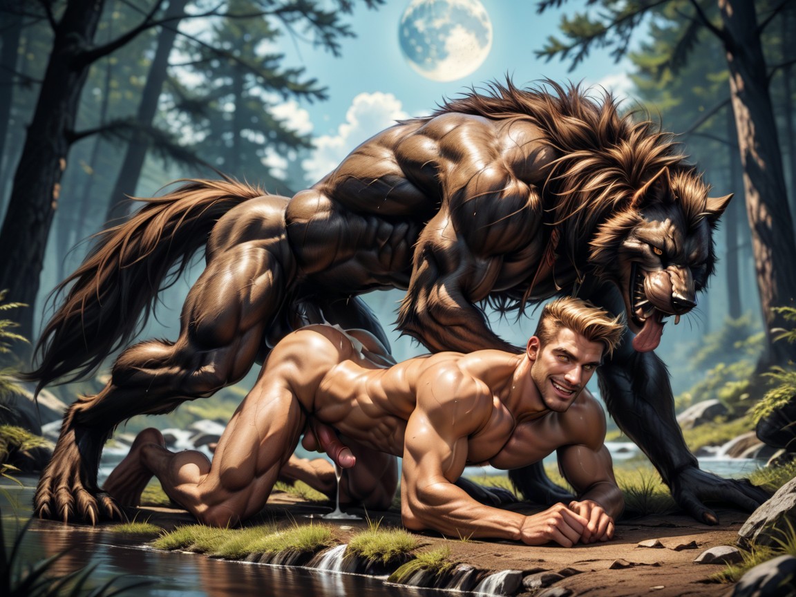 A Monstrous Hairy Wolflike Werewolf, Tongue Out, Happy AI Gay Porn