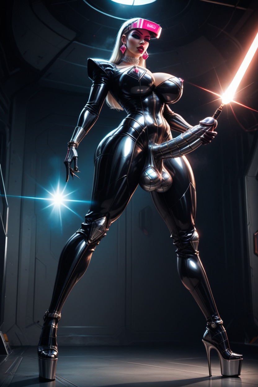 Hard Light, Robot Balls, Huge Erect Smooth Shiny Metallic Penis With Metallic Tip And Metallic Balls Shemale AI Porn