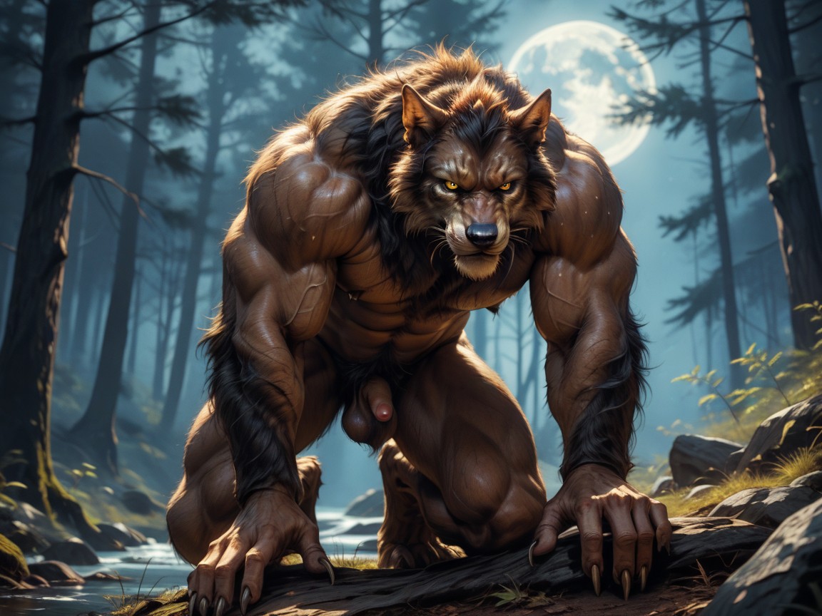 The Werewolfs Naked Body Form On Full Display, Side View, The Werewolfs Flaccid Sheath And Balls Are Visible AI Gay Porn
