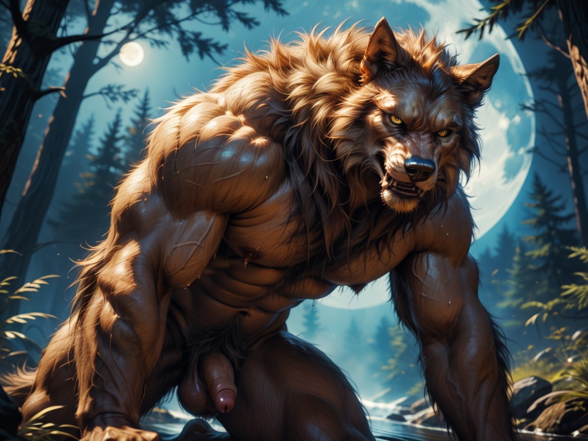 Werewolf Has Thick Finely Detailed Light Brown Colored Fur, The Werewolf Body Has Wolfish Features, Front View AI Gay Porn