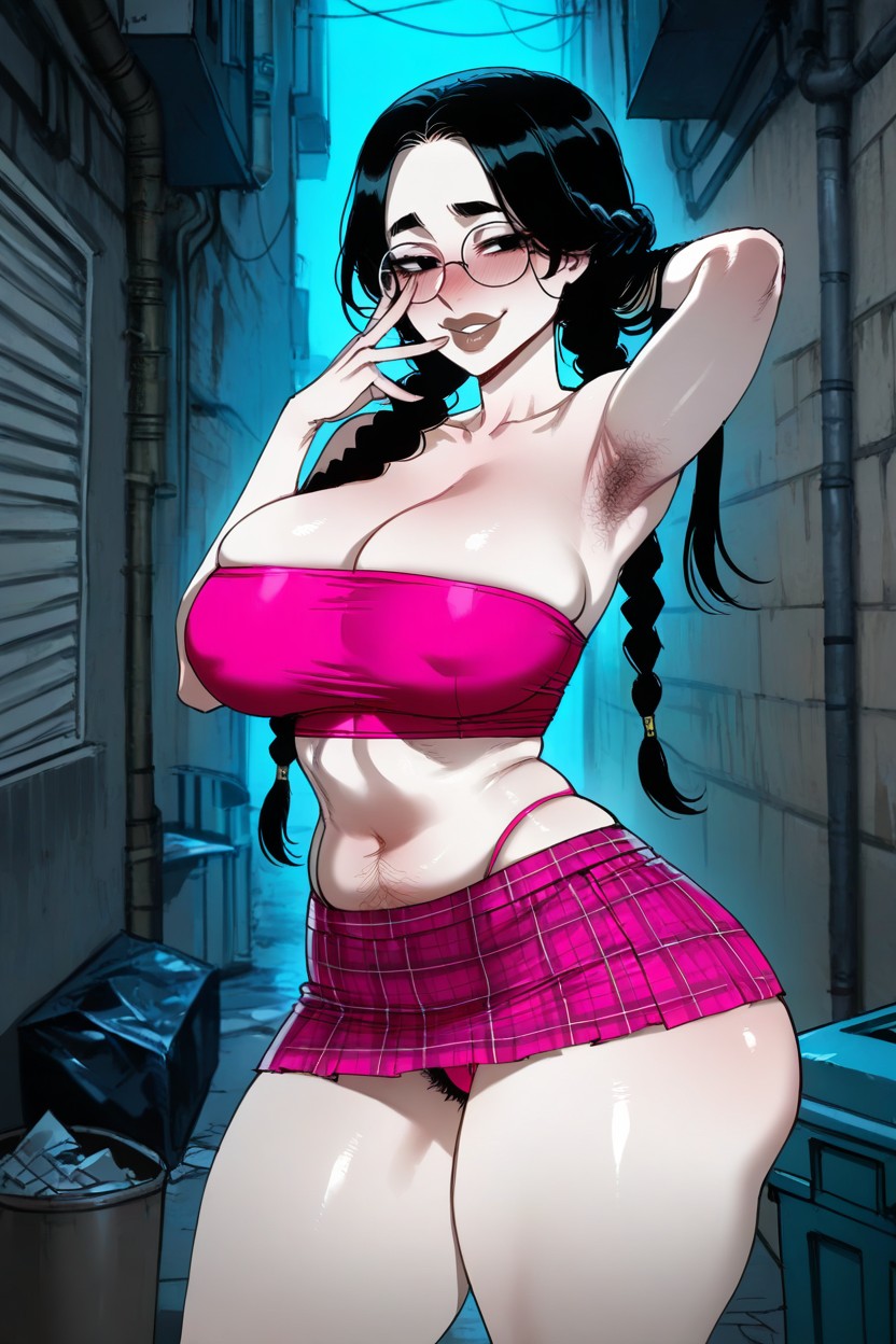 Black Eyes, Hairy Armpits, Wearing A Pink Plaid Skimpy Skirt Hentai IA