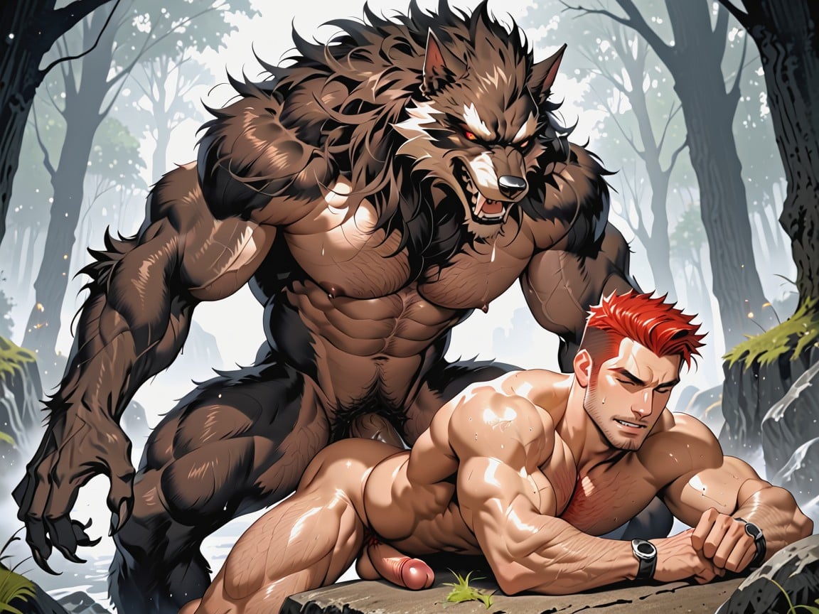 Werewolf Big Furry Balls, Muscular, Werewolf AI Gay Porn