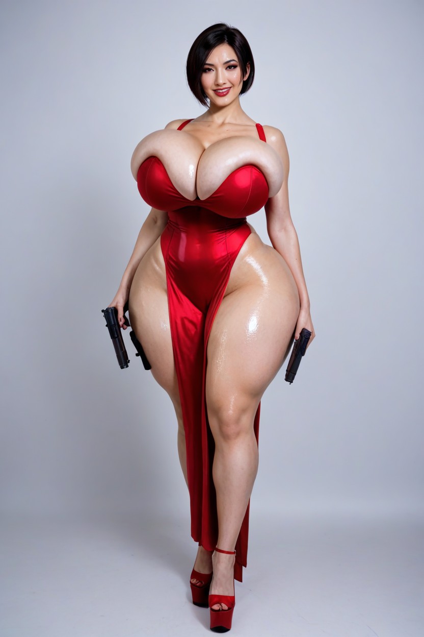 Shiny Red String Dress, Pure Fair Skin, Hyper Thighs AI Porn