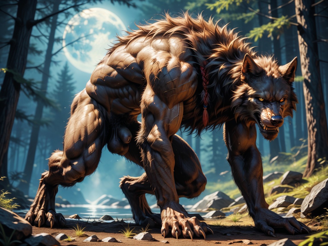 18+, Werewolf Has Thick Finely Detailed Light Brown Colored Fur, Werewolf Sweaty AI Gay Porn
