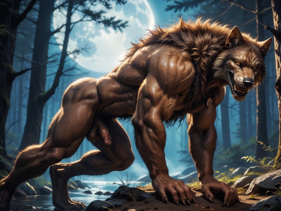 The Werewolfs Naked Body Form On Full Display, Werewolf Sweaty, 18+ AI Gay Porn