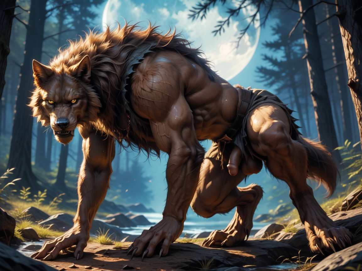 Rear View, 18+, A Hairy Wolflike Werewolf AI Gay Porn