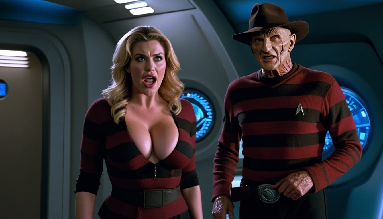 Shocked, Blue Eyes, Freddy Krueger Stands Behind A Woman AI Porn