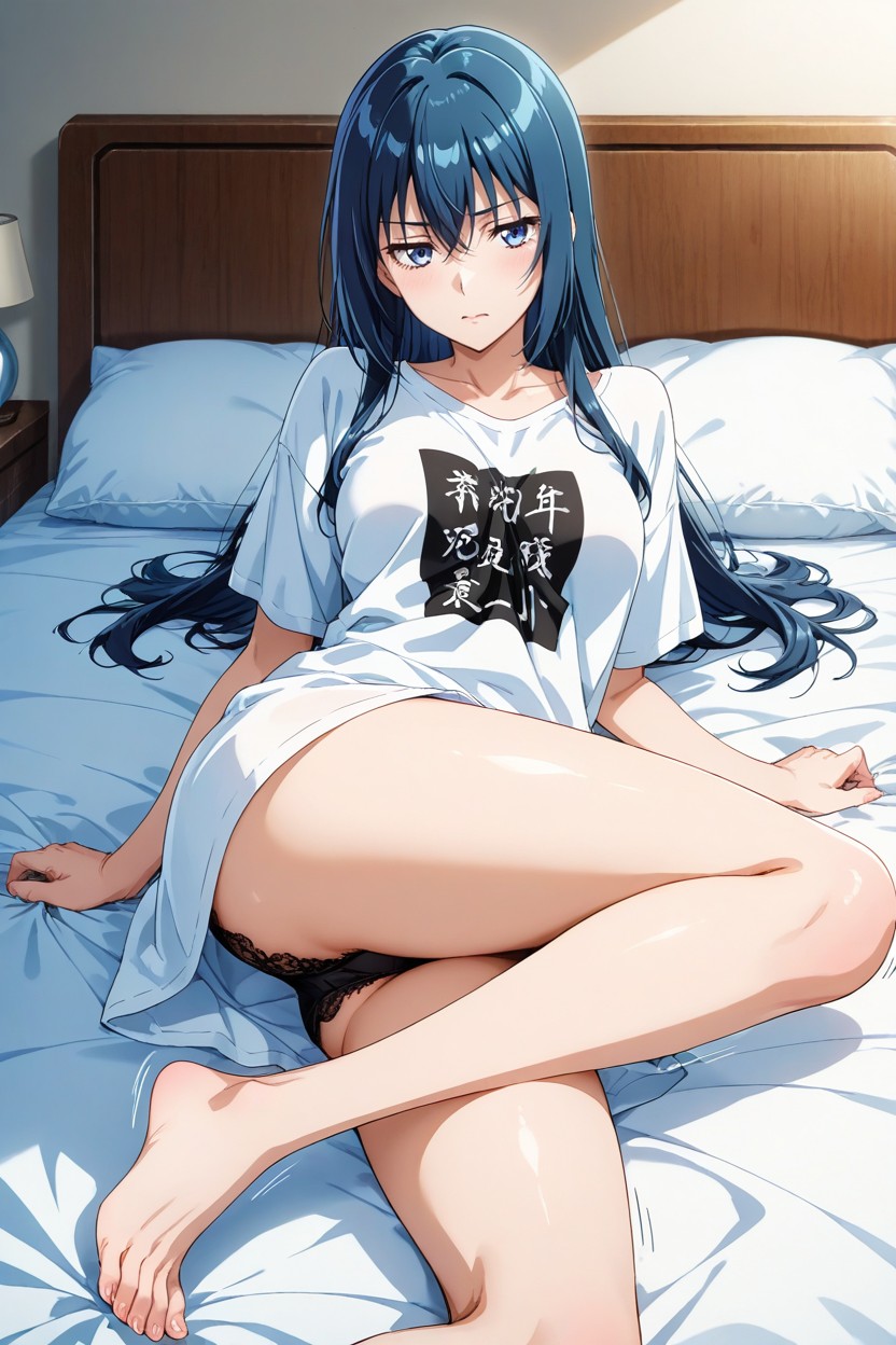 Queen Size Bed, Blue Eyes, Blue Hair Hentai AI Porn