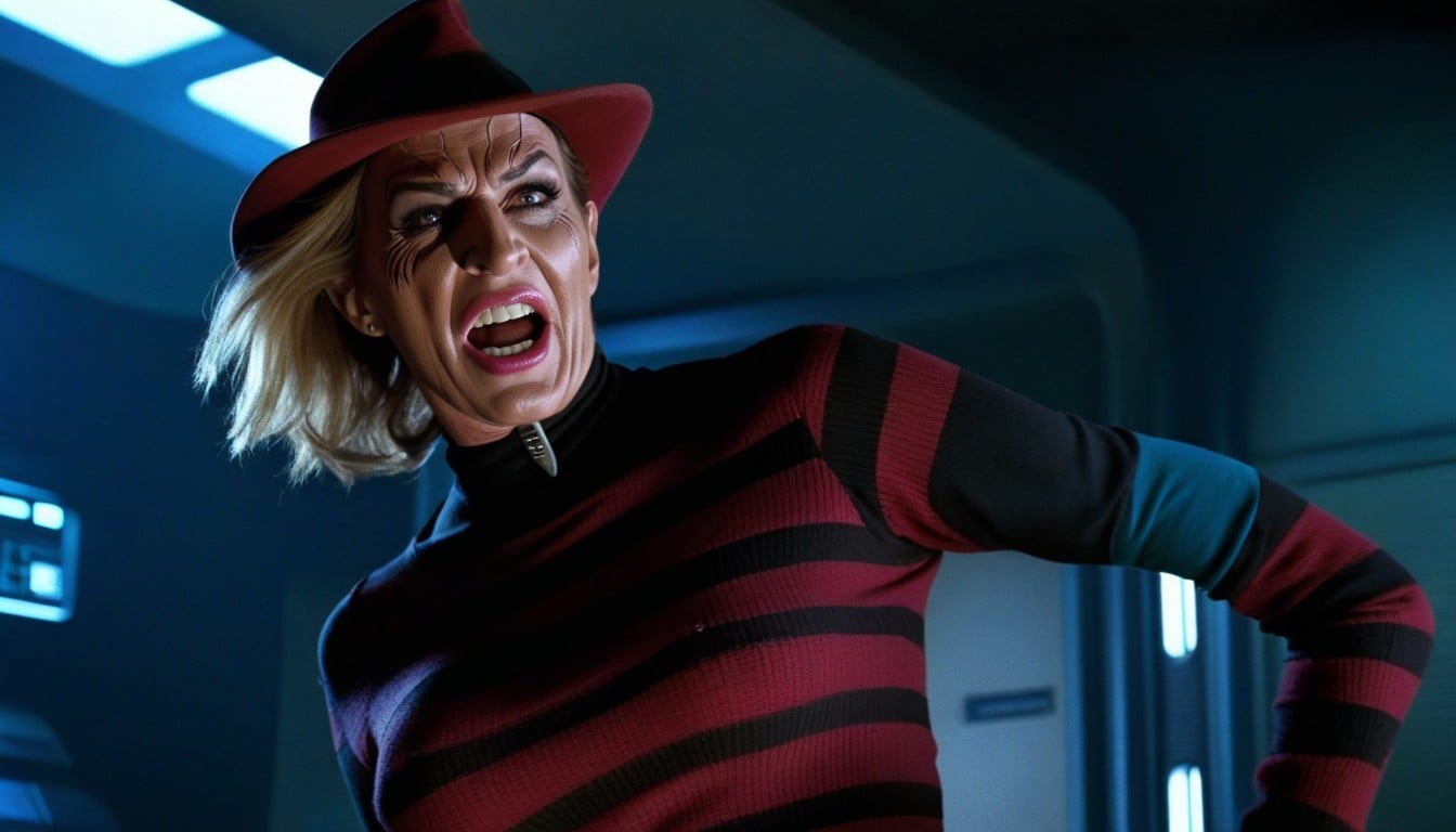 Breasts Visible, Hard Niples, Freddy Krueger Stands Right Next To A Woman AI Porn