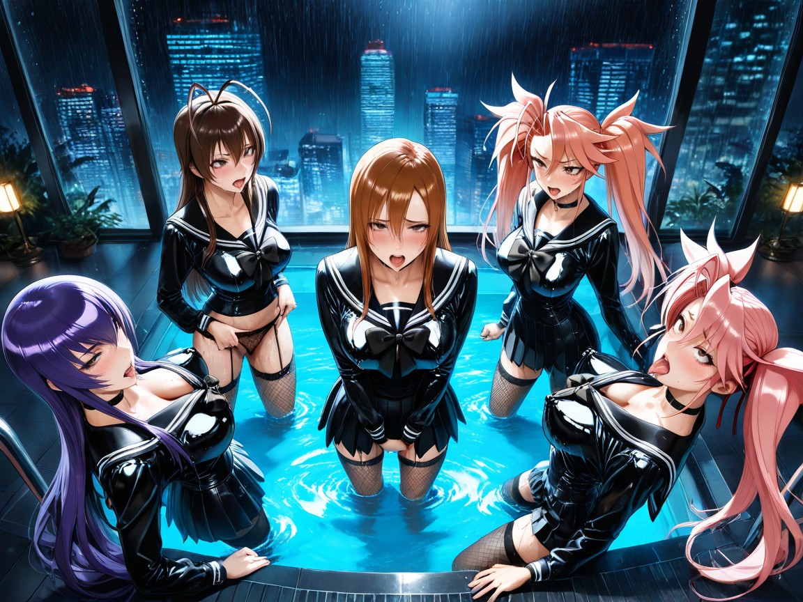 Seethrough Fishnet Stockings, First Woman Is Miyamoto Rei From Hotd, Groping Hentai AI Porn