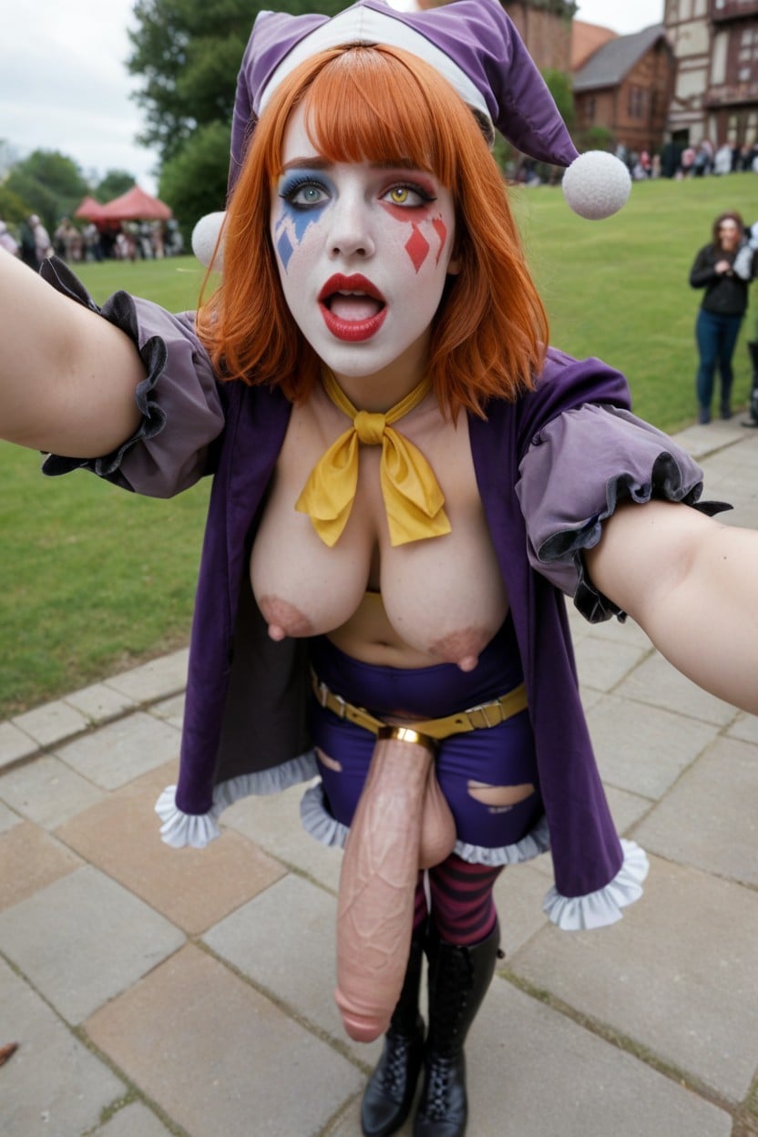 Court Jester Style, Heavy Blush On Cheeks, Bright Blue Left Eye Shemale AI Porn