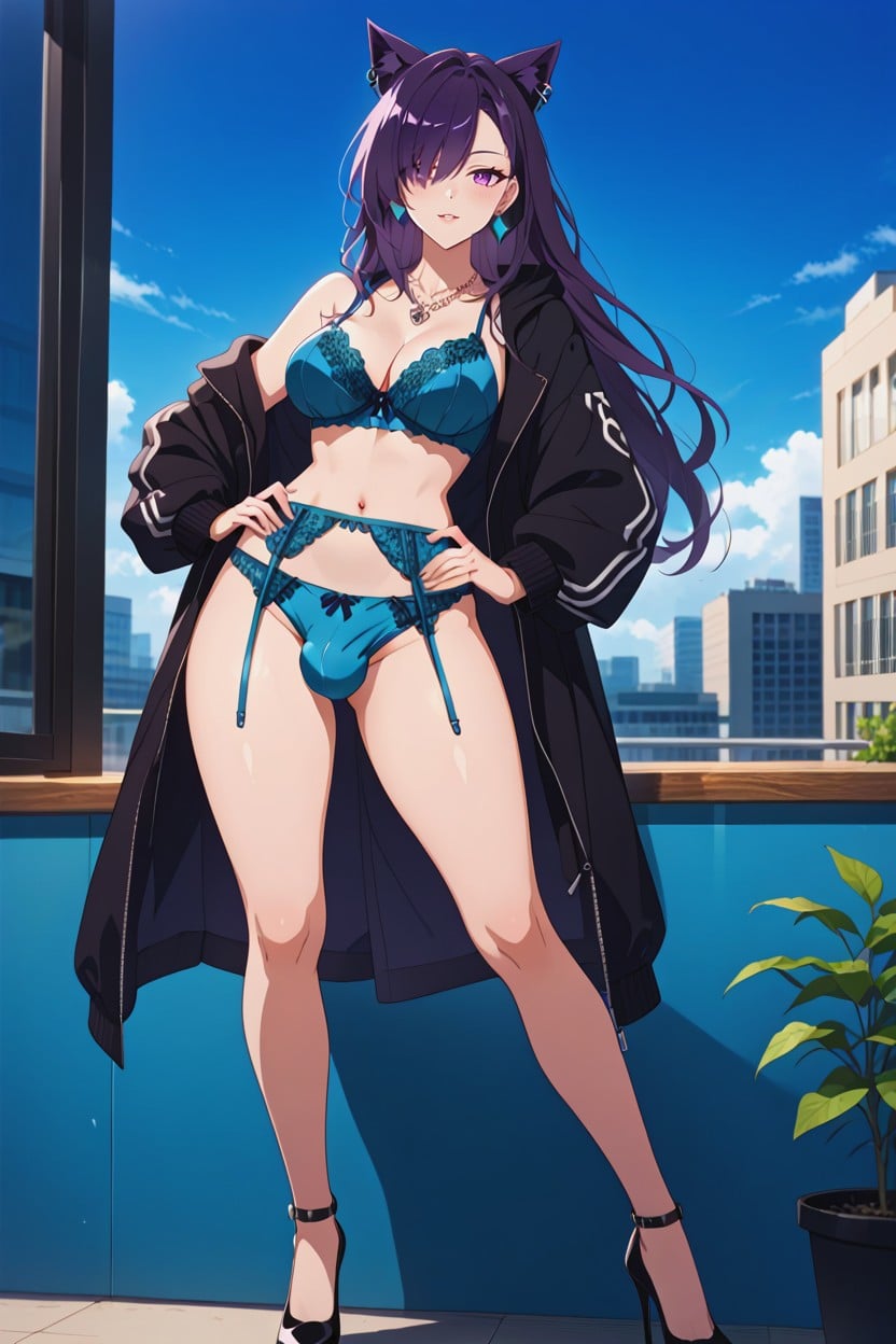 Garter Belt, Earrings, Dark Purple Hair Shemale AI Porn