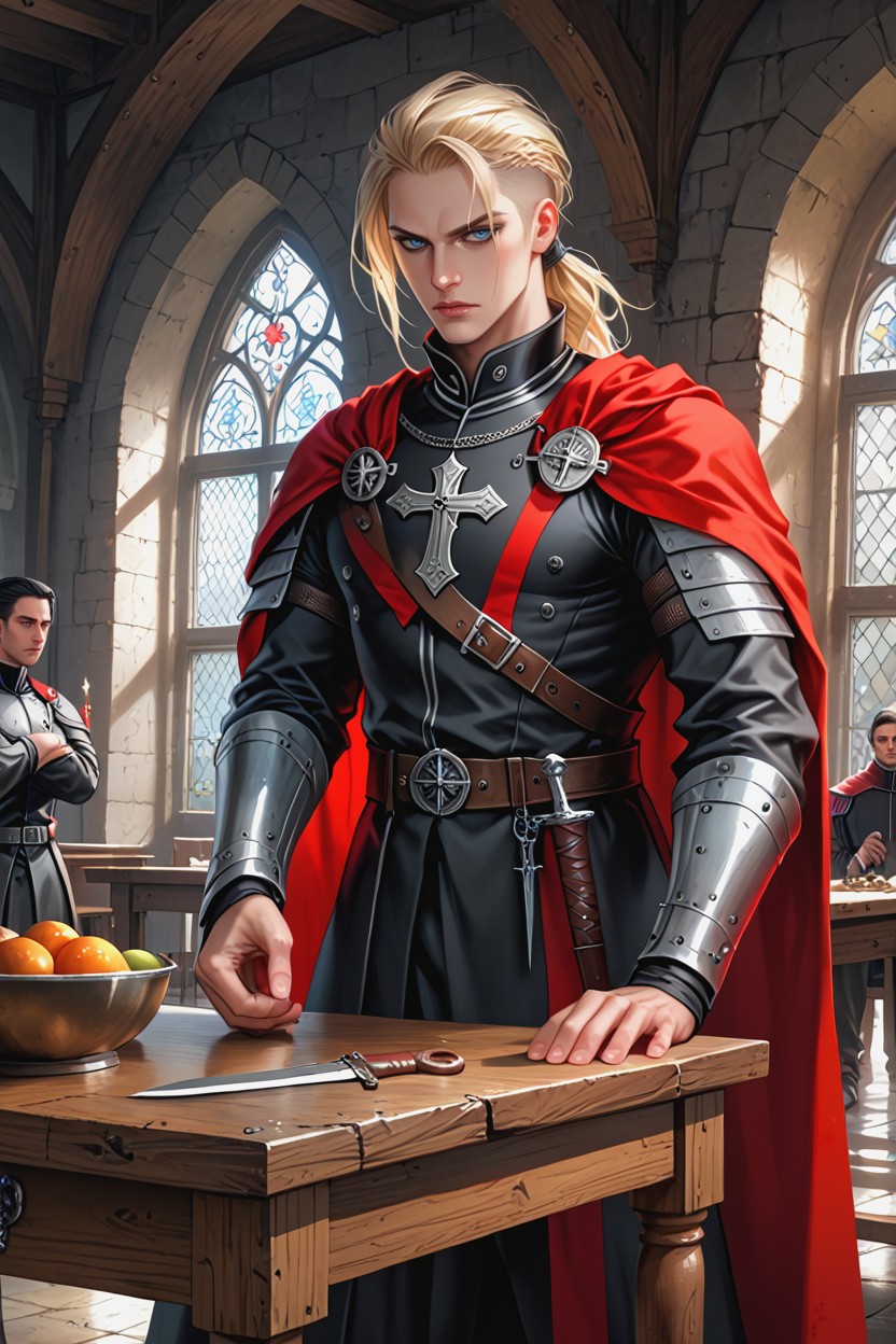 Goblet, Stone Wall, Inquisitor Standing Rigid Near Table Hentai AI Porn