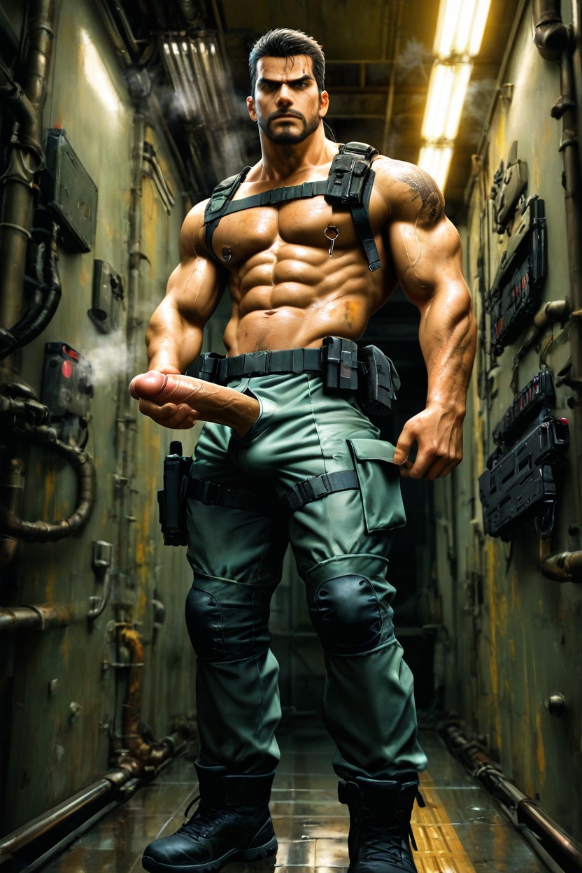 Nipple Rings, Tactical Pants And Utility Gear, Standing In A Metallic Corridor Under Dripping Pipes AI Gay Porn