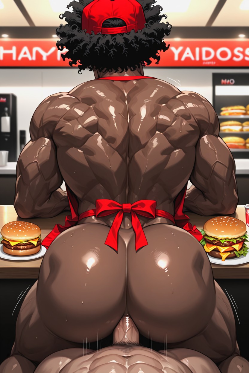Mcdonalds Restaurant, Red Cap, Black Hair AI Gay Porn