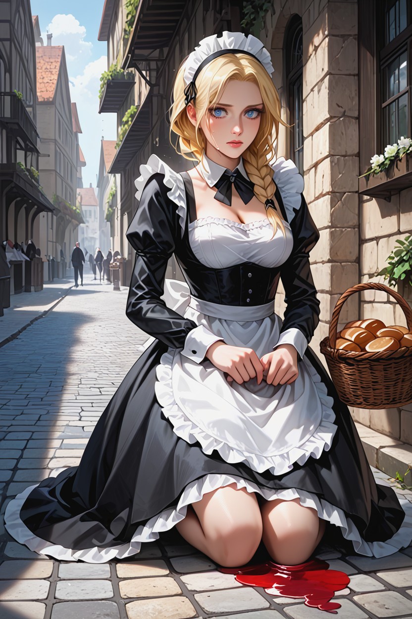 Breakmaid Kneeling, Wicker Basket Tipped Over, Detailed Face Hentai IA